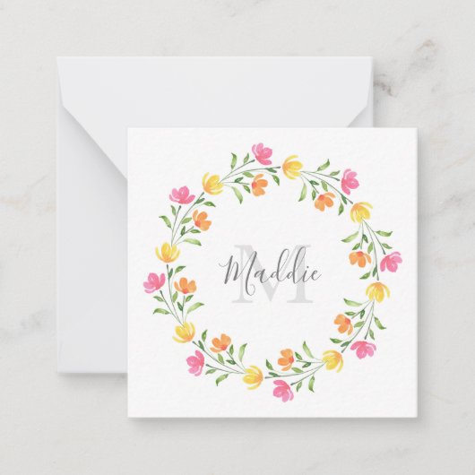 黄色、オレンジ、ピンクの水色フローラリース注 ノートカード (正面)