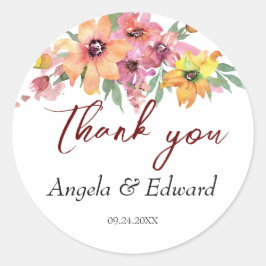 黄色、オレンジ、ピンクの花模様結婚 ラウンドシール