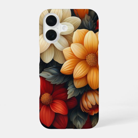 黄色、オレンジ、赤色の花 iPhone 16ケース (裏面)