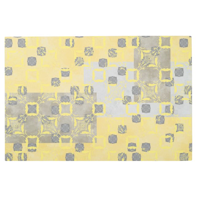 黄色、グレーの抽象芸術水玉模様パターン メタルプリント (正面)