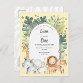 黄色、ジャングルの動物の男の子または女の子1誕生日 インビテーションポストカード (正面/裏面)