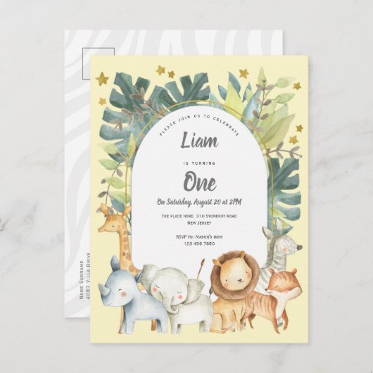 黄色、ジャングルの動物の男の子または女の子1誕生日 インビテーションポストカード (正面/裏面)