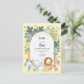 黄色、ジャングルの動物の男の子または女の子1誕生日 インビテーションポストカード (スタンド正面)
