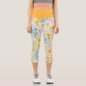 黄色、ティール（緑がかった色）、ピンクの春の花レギンス カプリレギンス (正面)