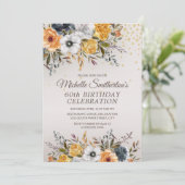 黄色 ネイビー 青 花柄 グリッター 60歳 誕生日 招待状 (スタンド正面)