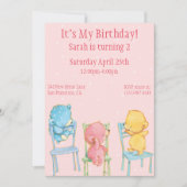 黄色、ピンク、および青のクマの誕生日 招待状 (正面)