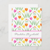 黄色、ピンク、オレンジ色の水彩チューリップ模様 ノートカード (正面/裏面)