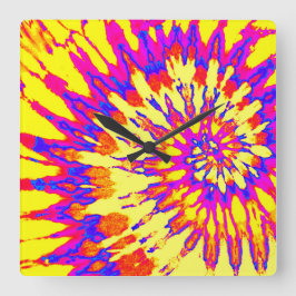 黄色、ピンク、青のスパイラル絞り染め時計 スクエア壁時計