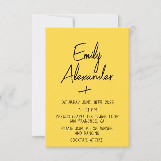 黄色、モダンおもしろい結婚式招待状 招待状 (正面)