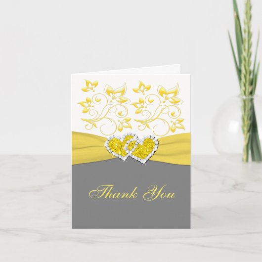 黄色、灰色、白の結合ハートサンキューカード サンキューカード (正面)