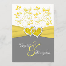 黄色、灰色、白の結合ハート結婚式の招待