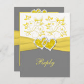 黄色、灰色、白の結合ハート返信カード 出欠カード (正面/裏面)