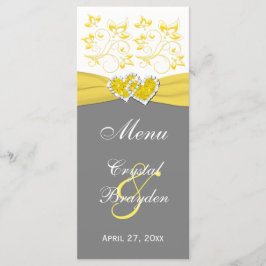 黄色、灰色、白色のフローラ結合ハートメニューカード メニュー