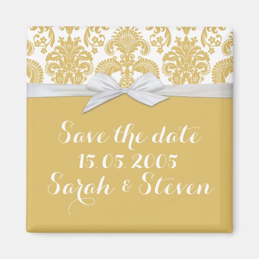 黄色&白フランスの国ダマスク日付を保存 マグネット (正面)