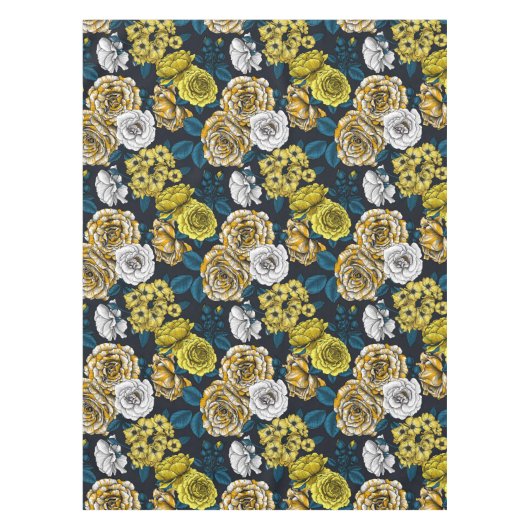 黄色、白色、および二色のバラ(青葉色) テーブルクロス (正面)