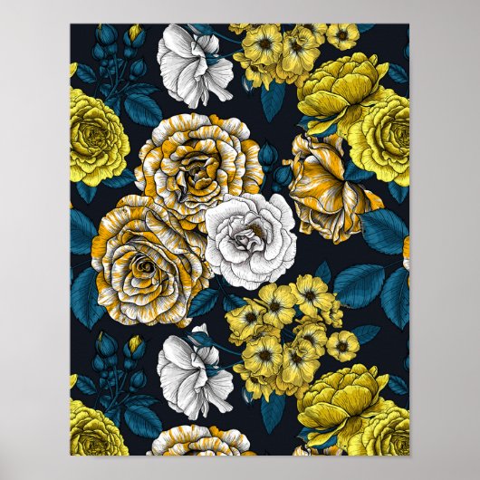 黄色、白色、および二色のバラ(青葉色) ポスター (正面)