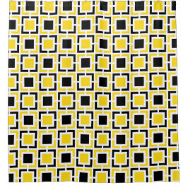 黄色、白黒レトロ正方形 シャワーカーテン