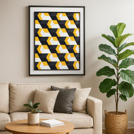 黄色、白、はっきりした黒のジオメトリックキューブ ポスター