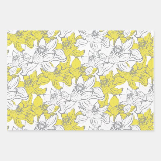 黄色 白 灰色 花柄 誕生日 ブライダルシャワー ラッピングペーパーシート (正面)