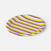 黄色、紫色および白のストライプ ペーパープレート (アングル)