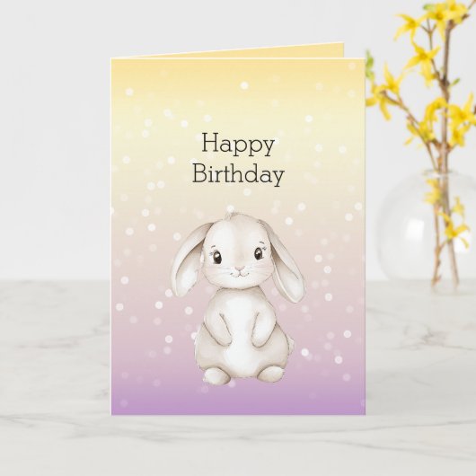 黄色 紫色 白色 ボケドット ウサギの誕生日 カード (黄色い花)