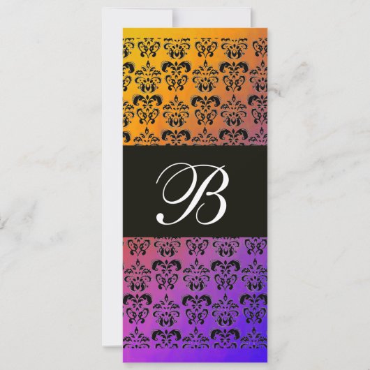 黄色 紫色 青色 黒 ダマスク モノグラム , 白 招待状 (正面)