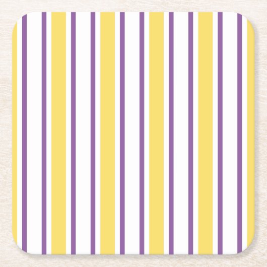 黄色、紫、白のキャンディストライプー スクエアペーパーコースター (正面)