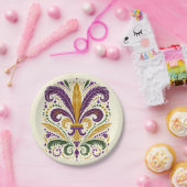 黄色、緑の紫の（紋章の）フラ・ダ・リの羽 ペーパープレート (パーティー)