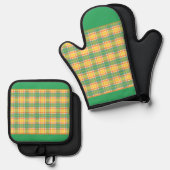 黄色、緑、オレンジ色の格子縞 鍋つかみ&鍋敷きセット (正面/裏面)