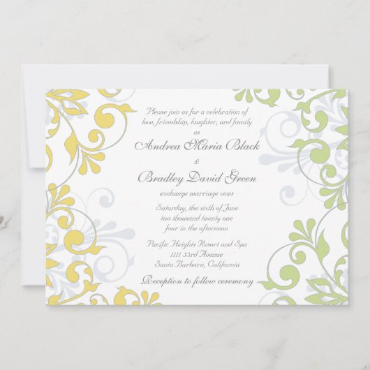 黄色、緑、白の花柄のウェディング招待状 招待状 (正面)