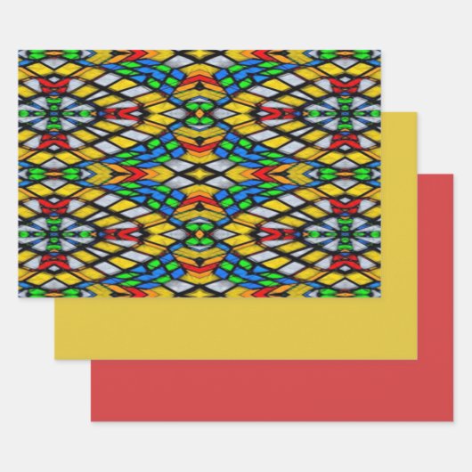 黄色、赤、青のステンドグラス包装紙 ラッピングペーパーシート (セット)