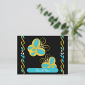 黄色、青色、白色の飛ぶ蝶 ありがとうございます ポストカード (スタンド正面)