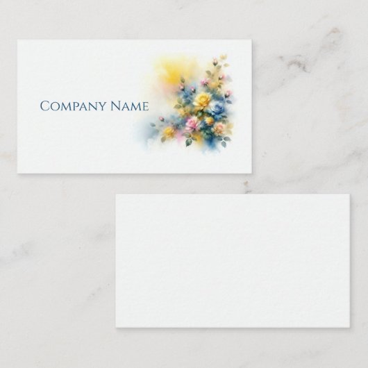 黄色、青、ピンクのバラ花束水色 名刺 (正面/裏面)