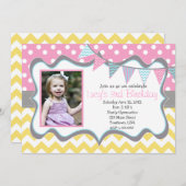 黄色、青、ピンクのペンダントパーティー誕生日 招待状 (正面/裏面)