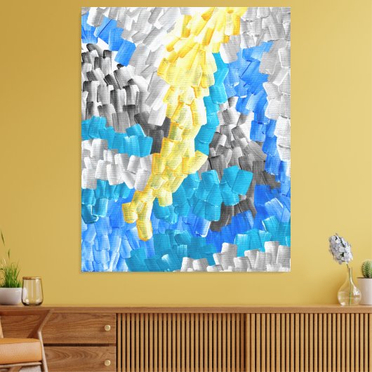 黄色、青、灰色の抽象的な筆致 キャンバスプリント (インサイチュ (リビング))