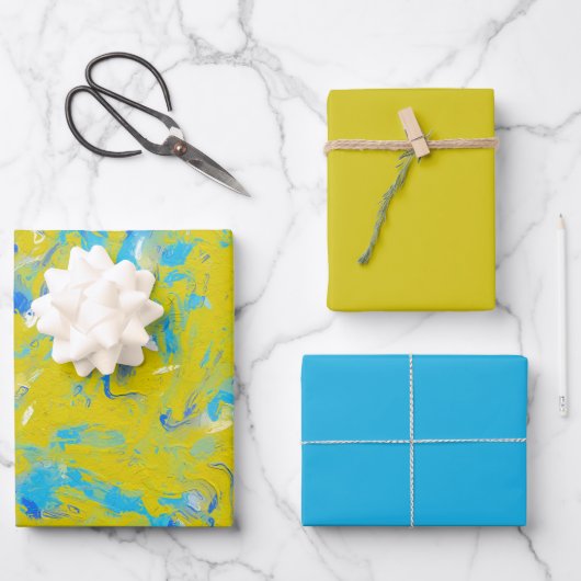 黄色、青、白の渦巻き紙 ラッピングペーパーシート (正面)