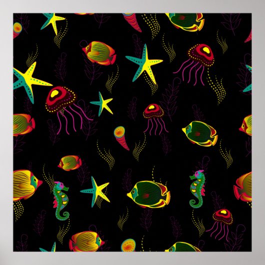 黄色、黒および茶色の魚のシームレスなパターン。 abs ポスター (正面)