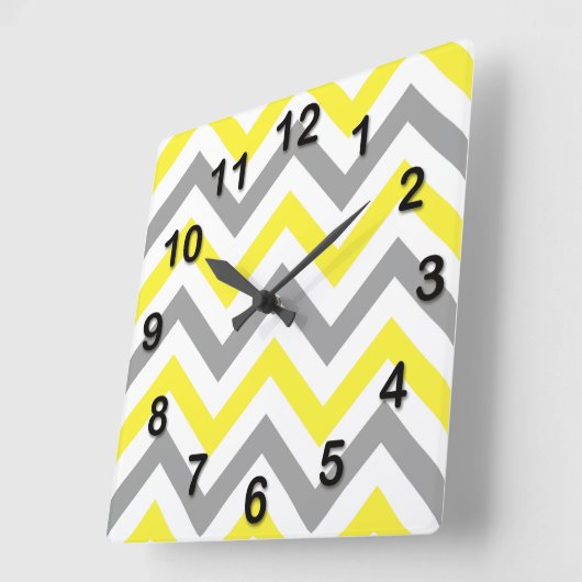 黄色、DKグレー白い大きなシボロンジグザグパターン スクエア壁時計 (傾斜)