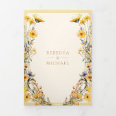 黄色Bohoワイルドフラワー写真QRコード結婚ズ 三つ折り招待状 (カバー)