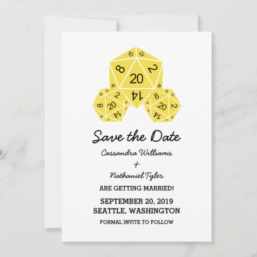 黄色D20サイコロ日付の保存招待状 招待状 (正面)