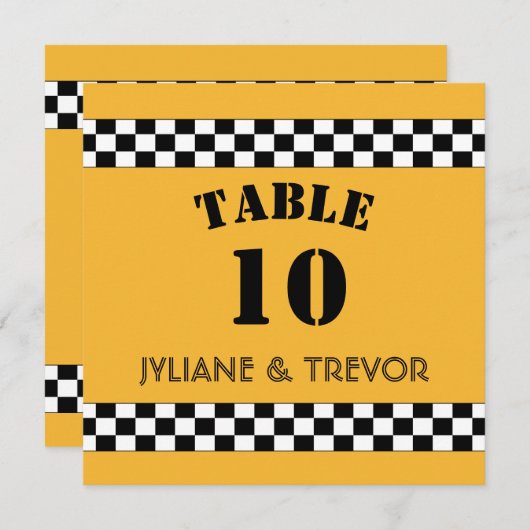 黄色NYCタク市松模様にシーCAB正方形テーブル番号 招待状 (正面/裏面)