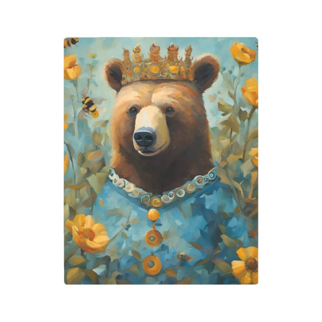 黄花の熊は冠をかぶる メタルプリント (正面)