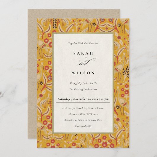 黄華美色金ゴールドクラシーフローラ孔雀結婚の 招待状 (正面/裏面)