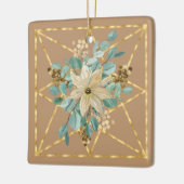 黄褐色と緑のポインセチア水彩と金ゴールド枠 セラミックオーナメント (左)