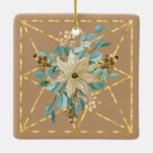 黄褐色と緑のポインセチア水彩と金ゴールド枠 セラミックオーナメント (裏面)