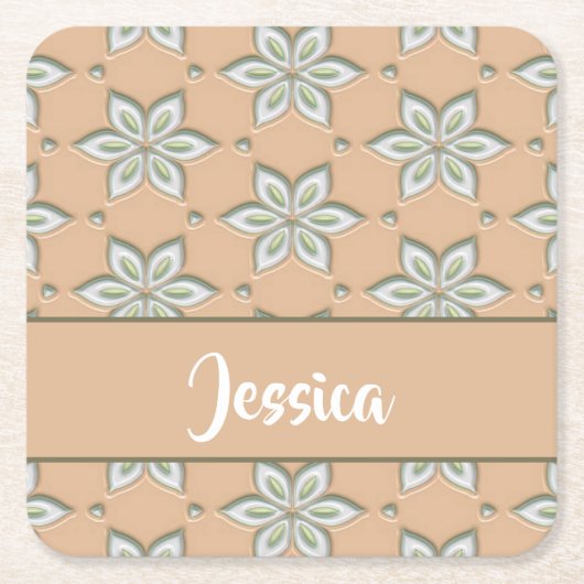 黄褐色に白い彫りの花 スクエアペーパーコースター (正面)