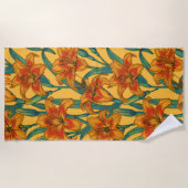 黄褐色の白蓮の花、青と黄色 ビーチタオル (正面)