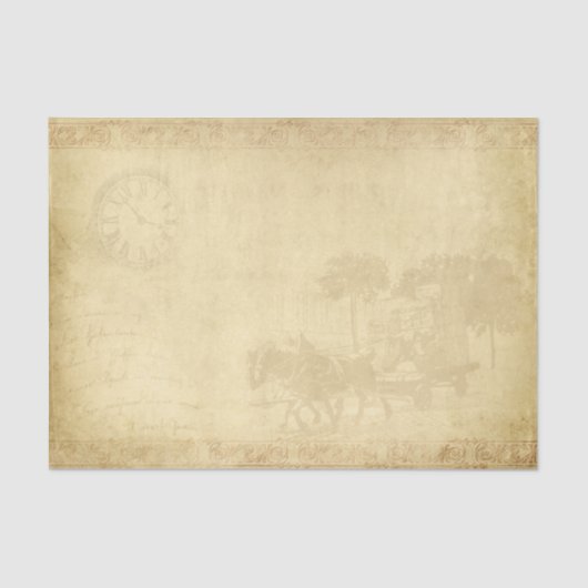 黄褐色の背景に時計が付いた馬と馬車 薄葉紙 (正面)