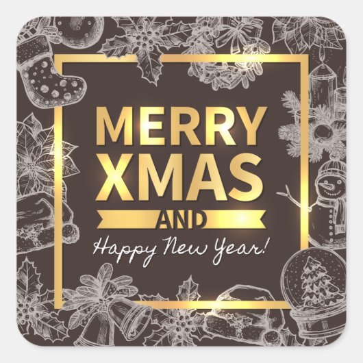 黄金と白亜のメリークリスマスハッピーニューイヤー スクエアシール (正面)