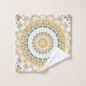 黄金と緑の幾何学曼荼羅のパターン バスタオルセット (ウォッシュタオル)